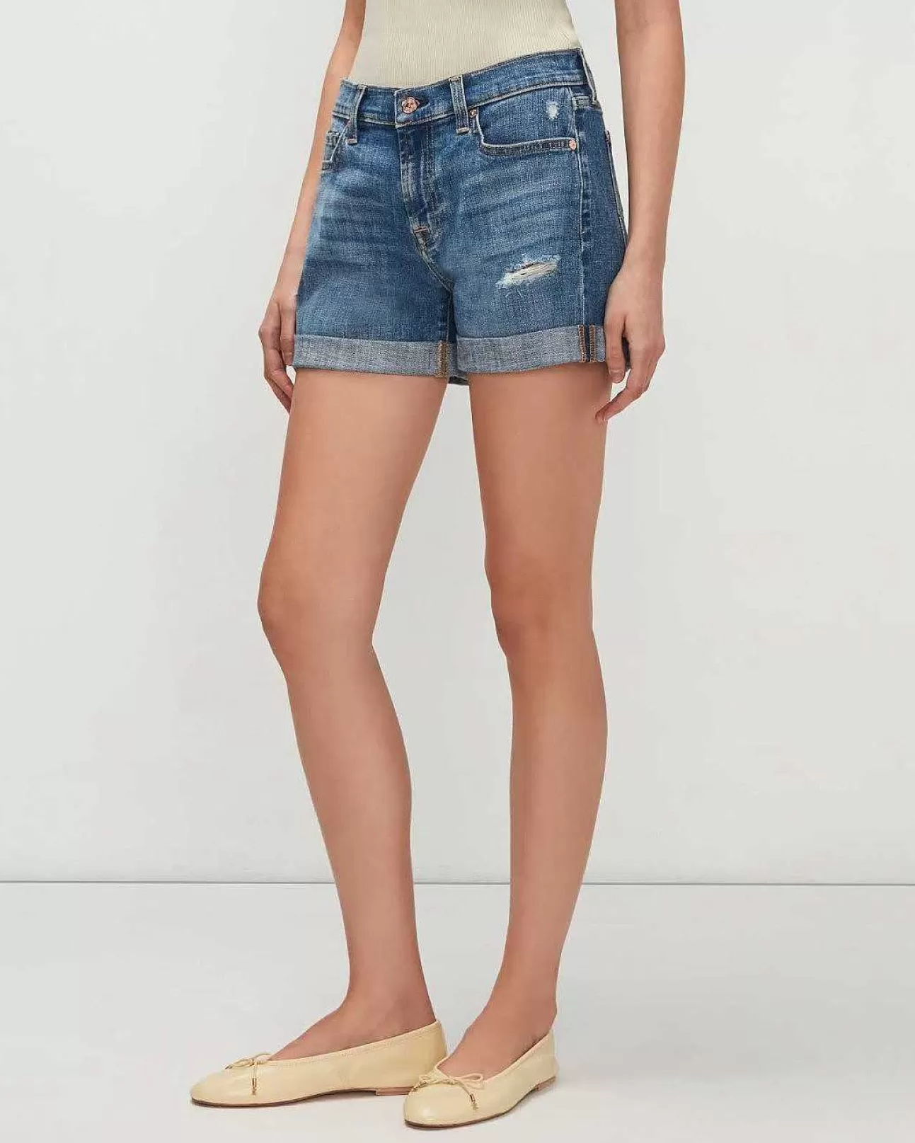 7 For All Mankind Mid-Roll-Shorts Aus Gebrochenem Twill In Bright Light Destroy Heller Heller Gebrochener Twill Flash Sale