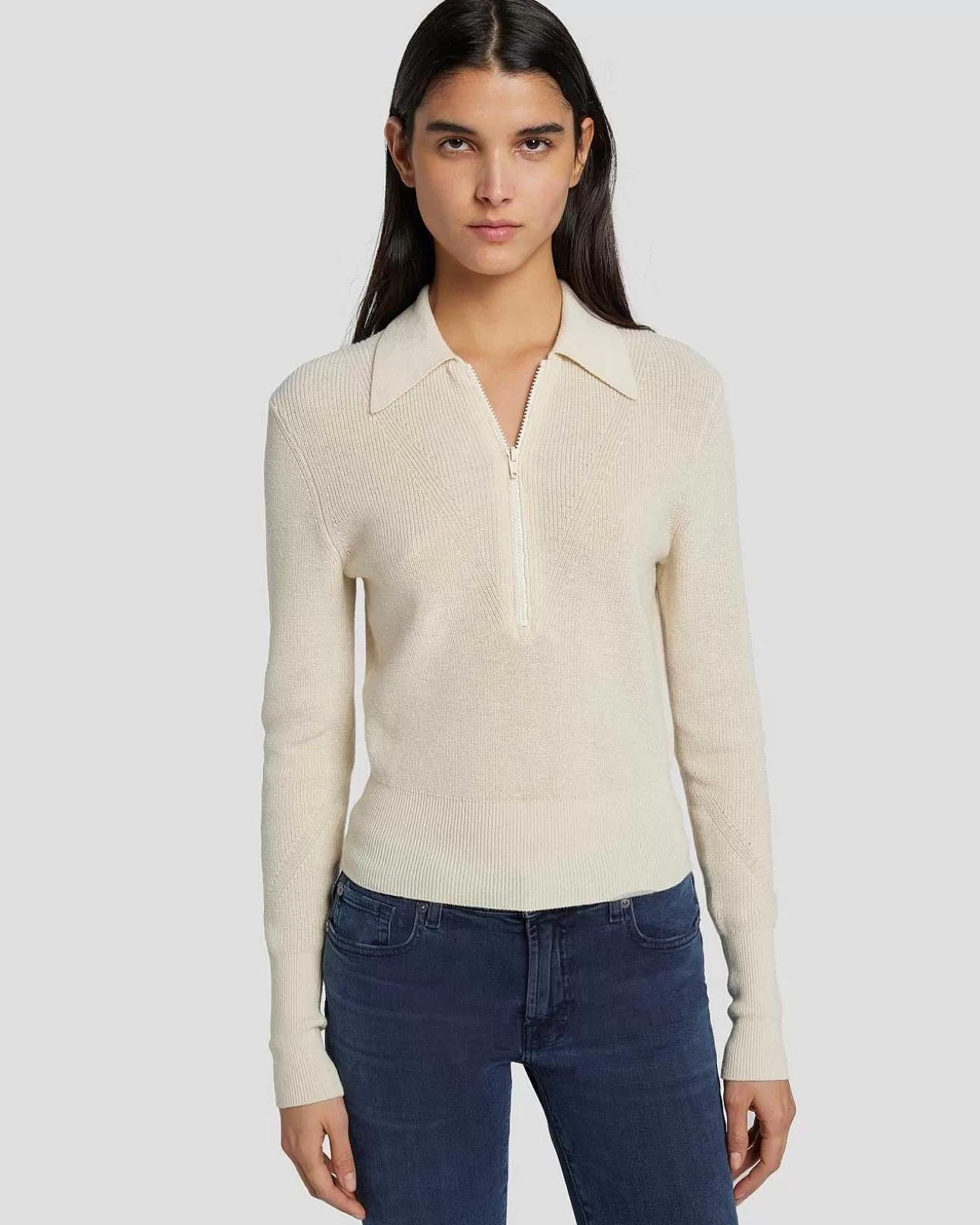 7 For All Mankind Polopullover Mit Viertelreisverschluss Creme Store